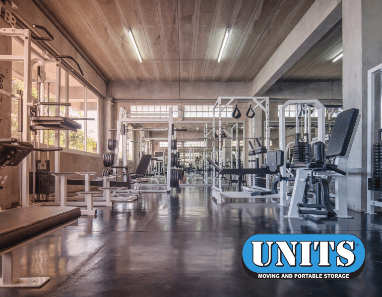 UNITS Moving and portable storage logo on an image of a Gym with lots of equipment.