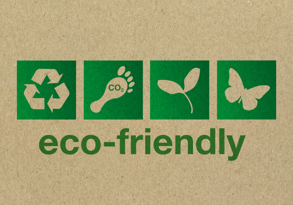 Eco-Friendly written underneath recycling, CO2 footmark, and nature symbols.