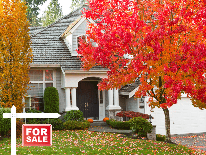 For sale sign in front of a house with trees whose leaves have changed color in the front yard.