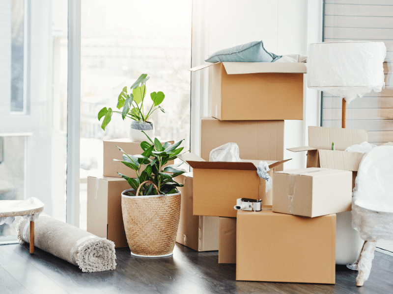 Cardboard moving boxes, a wrapped chair and lamp sitting on the floor in front of a window.