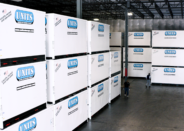 UNITS Moving and Portable Storage containers in a warehouse.