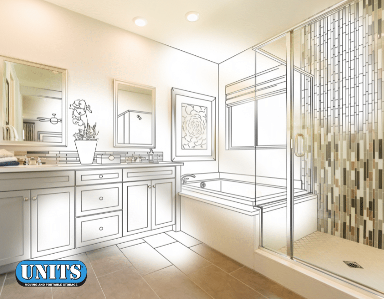 blueprint graphic of bathroom and units logo