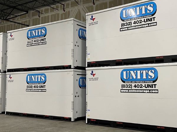 Units of Houston Gulf Coast containers stacked in a warehouse.