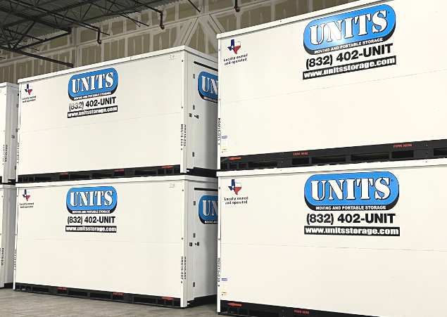 Units of Houston Gulf Coast containers stacked in a warehouse.