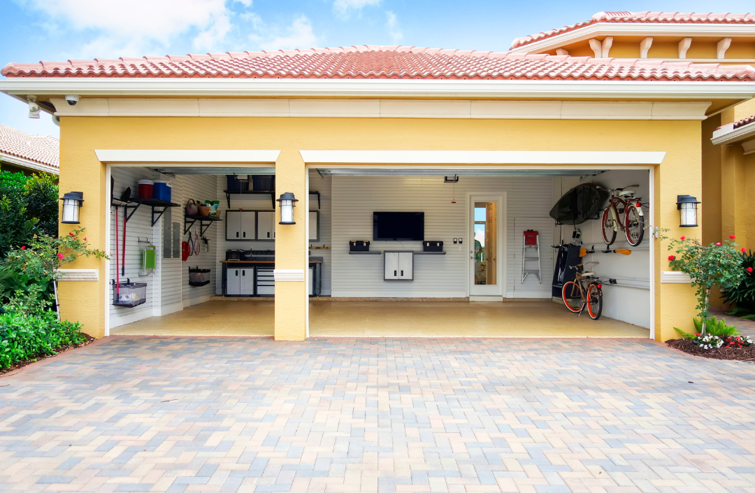 A garage that is clean and decorated with yellow floors.