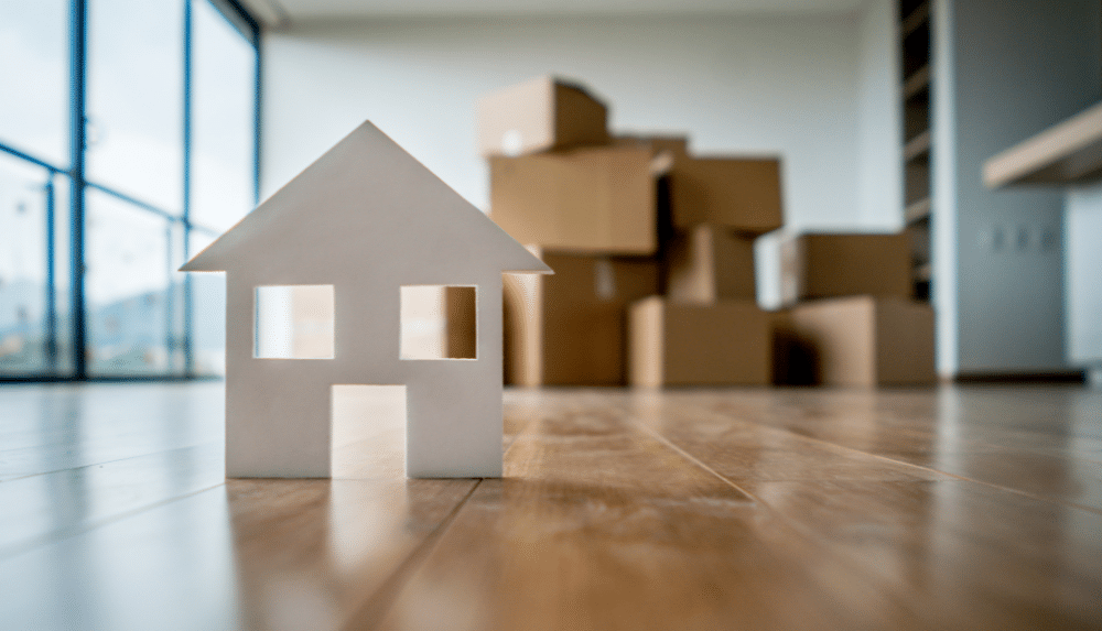 Small cardboard house sitting on the floor in front of cardboard boxes.