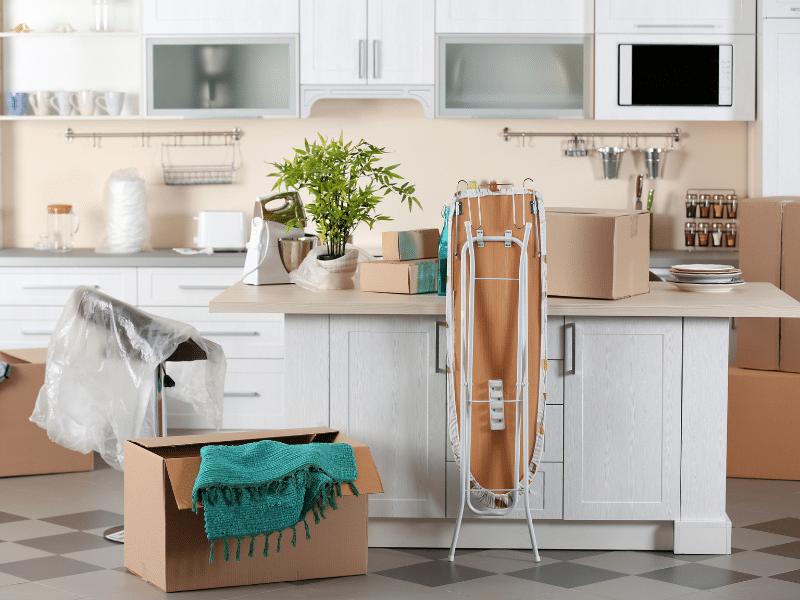 Kitchen in the midst of being packed.