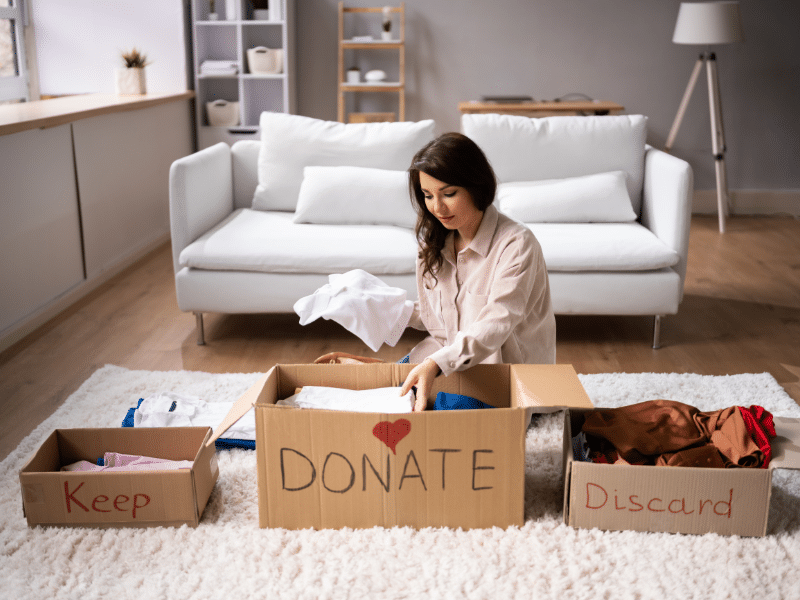 Woman sorting clothes into three separate boxes labeled, Keep, Donate and discard.