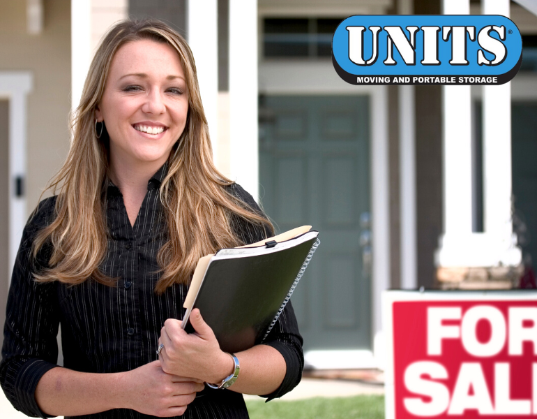 realtor in front of for sale sign and UNITS logo