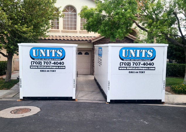 Portable Storage Services in Las Vegas - packing & loading. Two UNITS in a driveway in Las Vegas Nevada