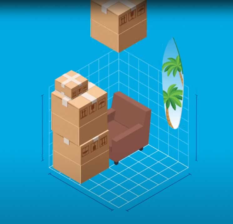 Sizing guide for the interior of a portable storage container.