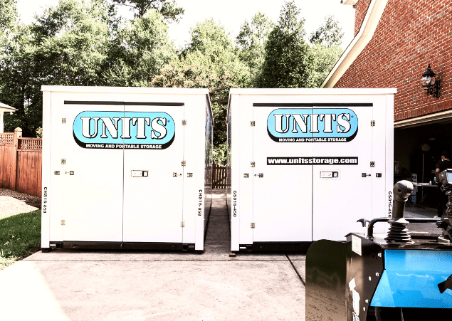 two storage containers parked next to eachother in Madison Wisconsin