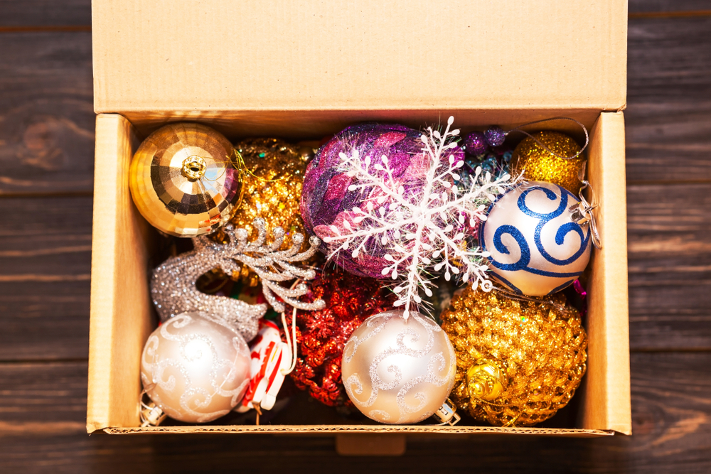 Holiday ornaments sitting in a box.