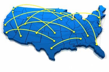 Map of the United States with various interconnected points.