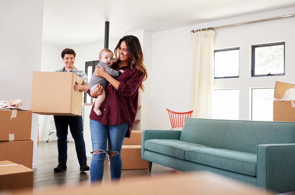 A family unpacking in their new home.