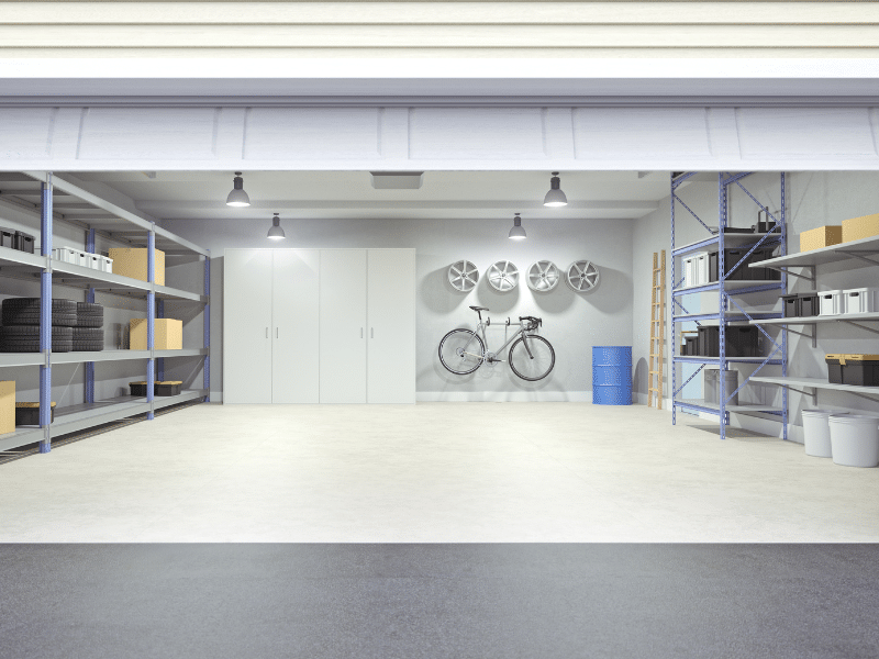 A garage that is clean and decorated with white.