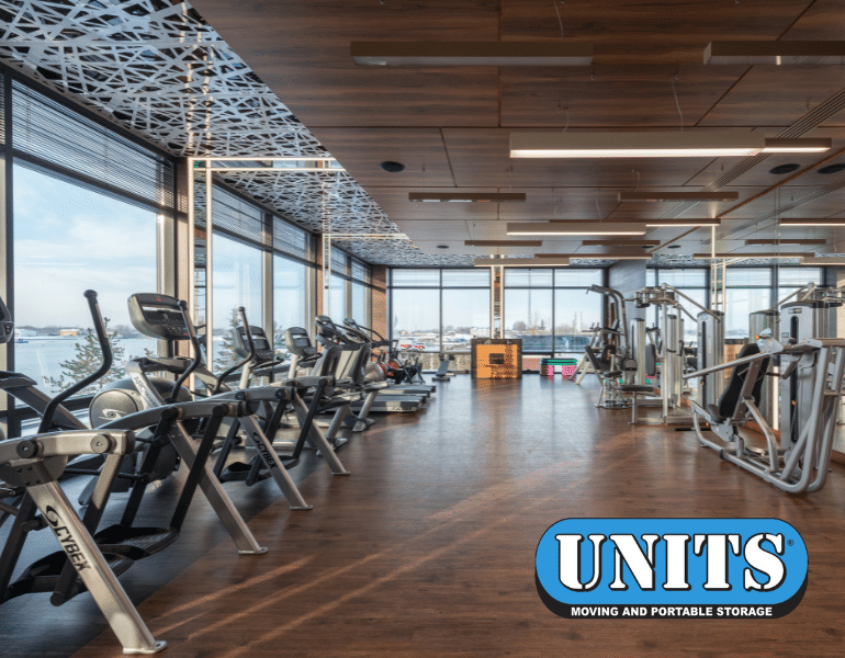 gym equipment in a gym with UNITS logo