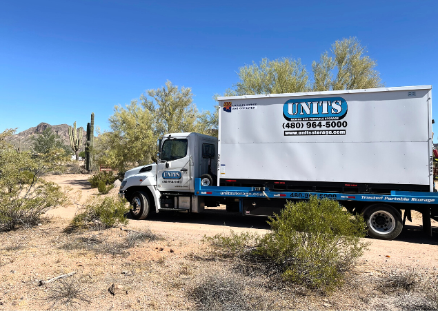 UNITS Moving and Portable Storage of Phoenix on the back of a UNITS truck in the dessert.