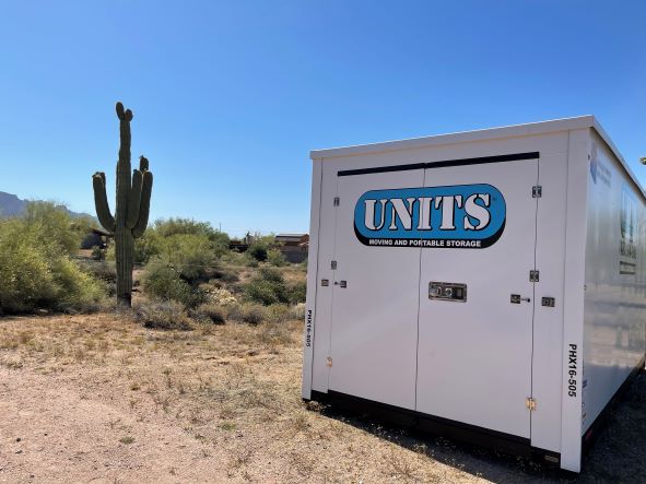 UNITS Moving and Portable Storage of Phoenix container in front of a cactus.