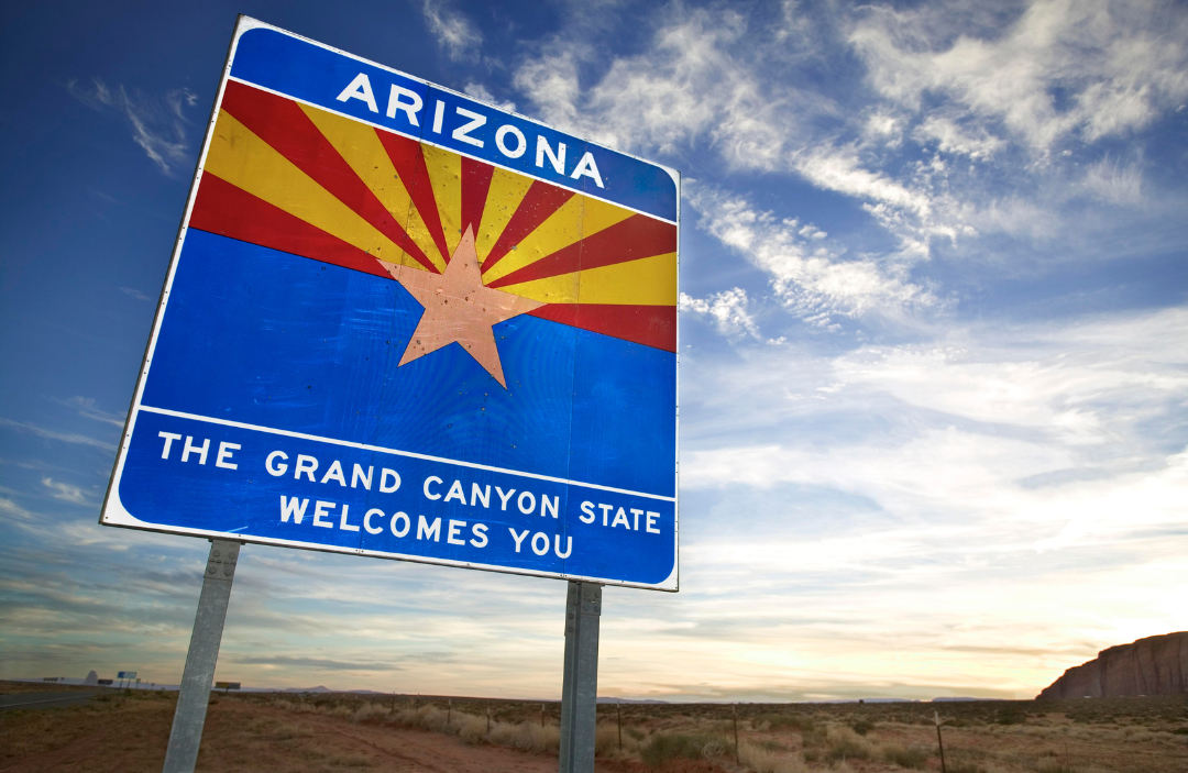 Arizona The Grand Canyon State Welcomes You sign.