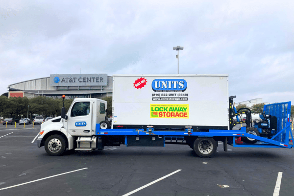 UNITS portable storage delivery truck parked in front of the Frost Bank Center San Antonio, Texas!