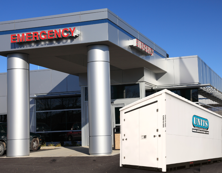 Emergency Room entrance with UNITS container in front