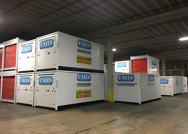 UNITS of San Antonio portable storage containers stacked in the storage facility.