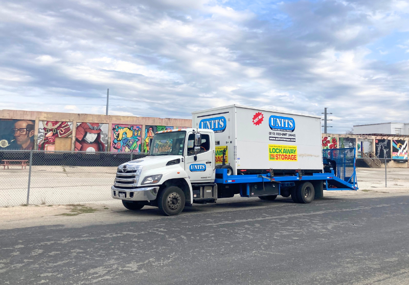 UNITS of San Antonio portable storage container and truck driving in San Antonio, Texas.