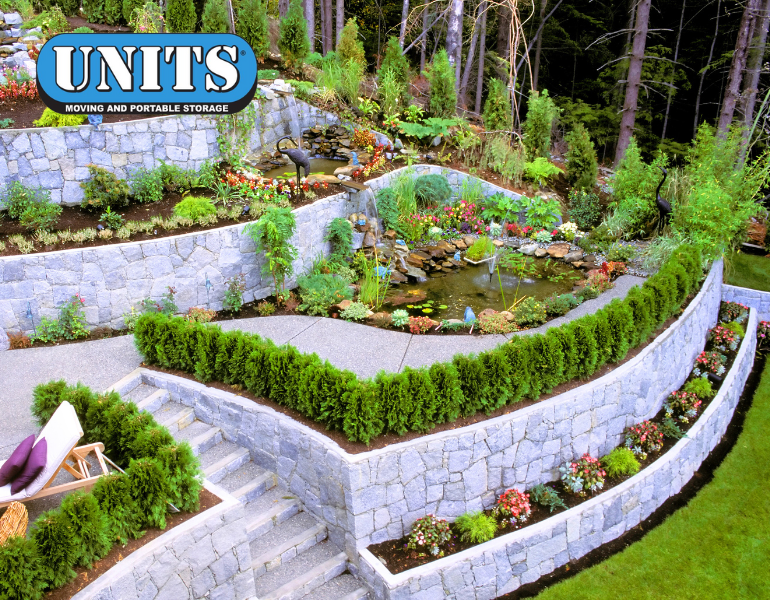 a pic of beautifully landscaped garden and UNITS logo