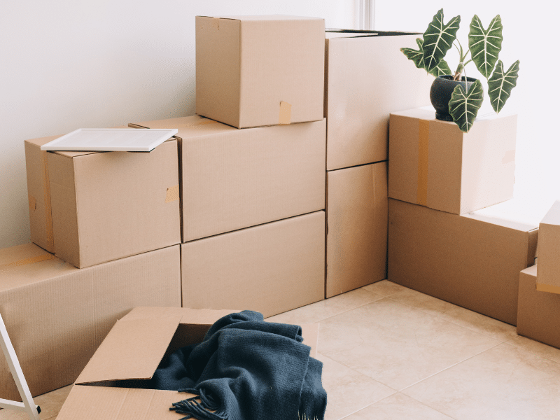 Room with boxes used for storage.