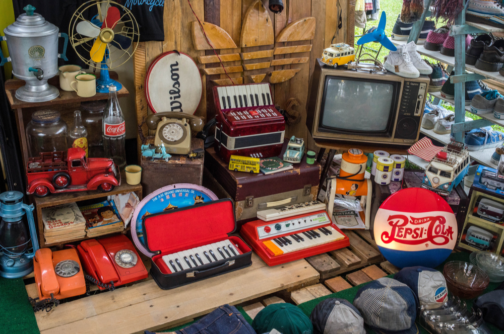 Garage with knick knacks organized.