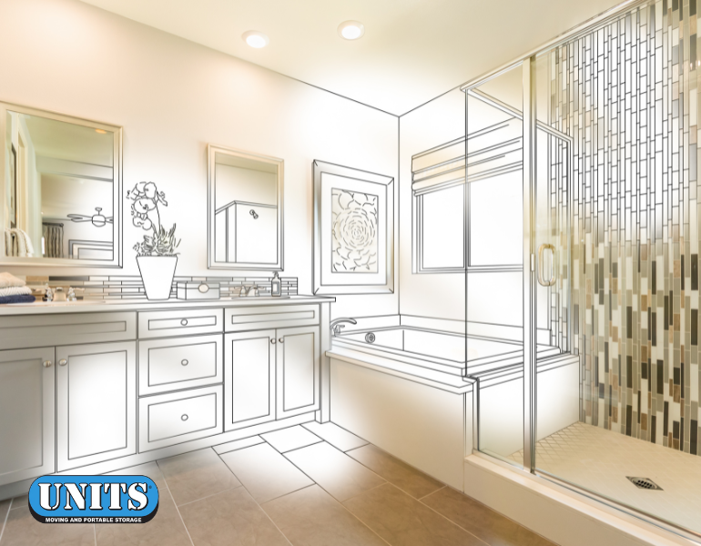 rendering of a bathroom with UNITS logo